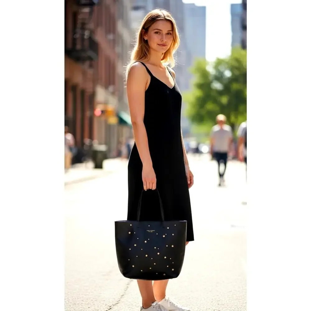 Tory Burch Black Leather Tote Bag with Gold Star Accents